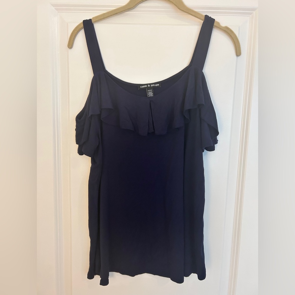 Cable & Gauge Navy Ruffle Cold Shoulder Top